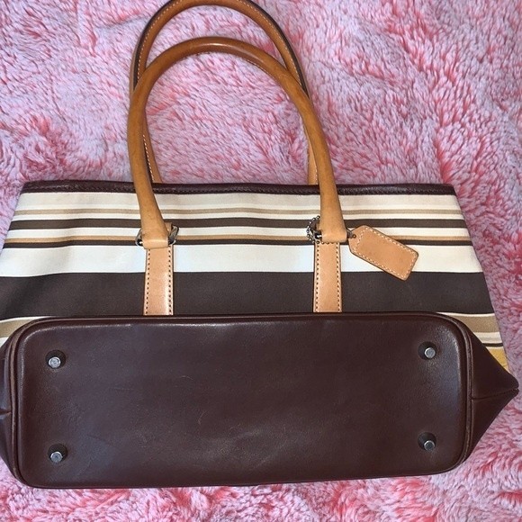 Vintage Rare Coach Leather Canvas Striped Brown Yellow & Tan Satchel Bag - Picture 7 of 14